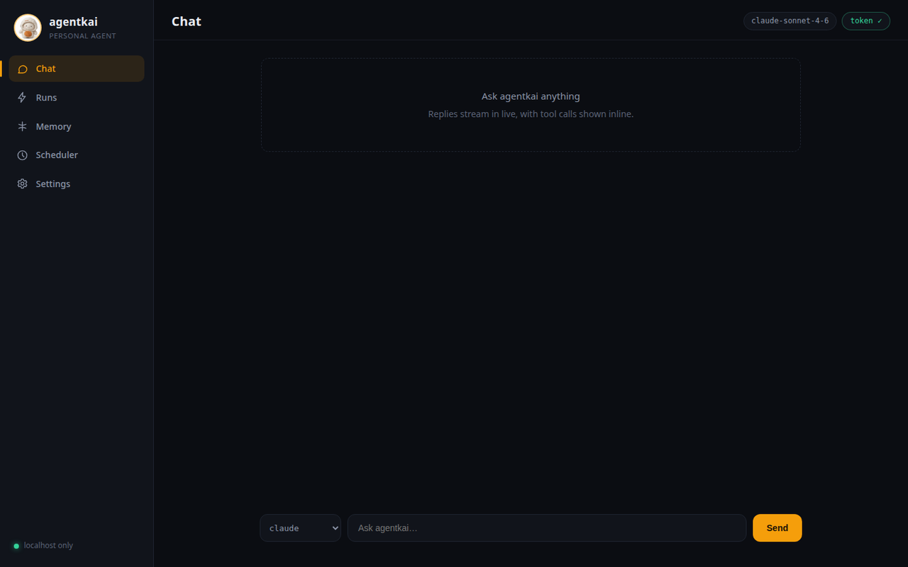 The agentkai dashboard: chat with the agent, a model picker, and a fresh-token indicator