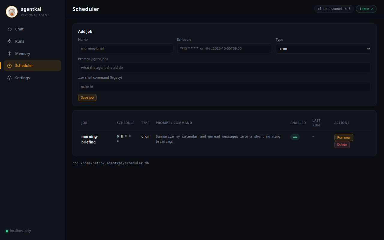 The agentkai dashboard, Scheduler view: a job creation form and the list of scheduled jobs